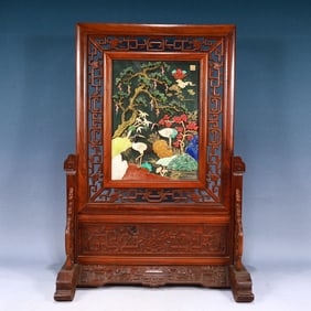 A Huge Huanghuali woodInlaid Jasper Pine and Crane Pattern Table Screen,Inlaid Gems
