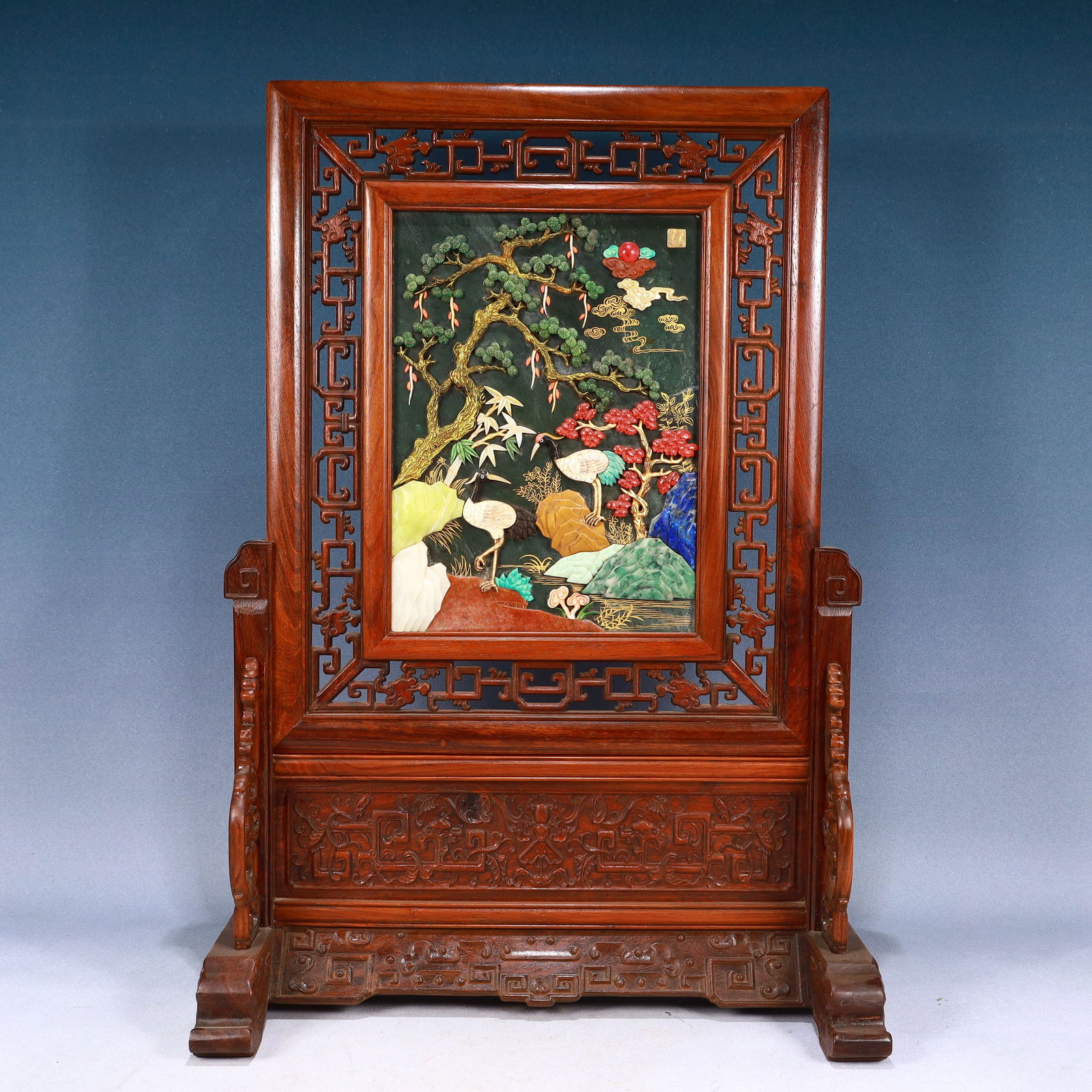 A Huge Huanghuali woodInlaid Jasper Pine and Crane Pattern Table Screen,Inlaid Gems: A Huge Huanghuali woodInlaid Jasper Pine and Crane Pattern Table Screen,Inlaid Gems,Qing Dynasty, China,Size:18.1inx9.1inx26in,Weight:6000g 黄花梨木镶碧玉