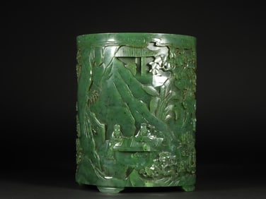An Exquisite Jasper Landscape and Figure Pattern Brush Pot