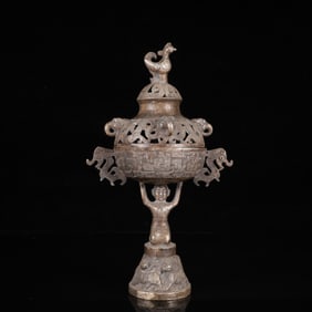 An Exquisite Silver Chi-Dragon Pattern Elephant-Ears Censer