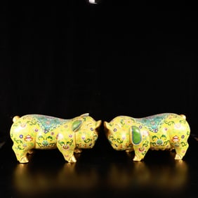 A Pair of Huge Cloisonne Lotus Pattern Pig Ornament