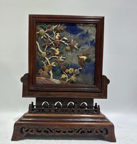 A Rare Huanghuali wood Flower and Bird Pattern Screen,Inlaid Gems
