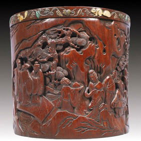 An Exquisite Zitanwood Character and Story Pattern Brush Pot
