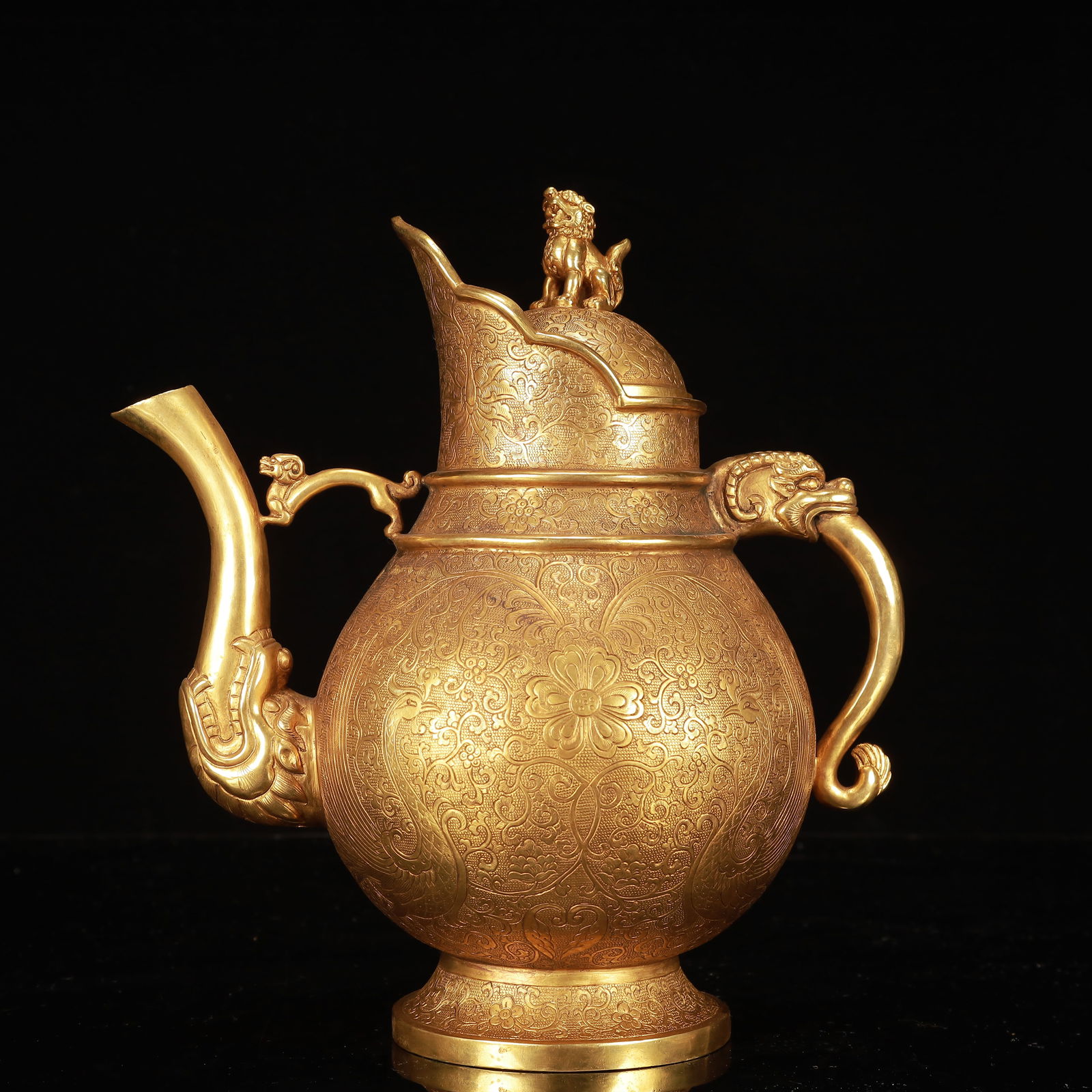 An Exquisite Gilt Bronze Flower and Phoenix Pattern Ewer: An Exquisite Gilt Bronze Flower and Phoenix Pattern Ewer,Qing Dynasty, China,Qianlong Four-character Mark,Size:10.6inx6.3inx9.8in,Weight:1450g 铜鎏金花卉凤纹&