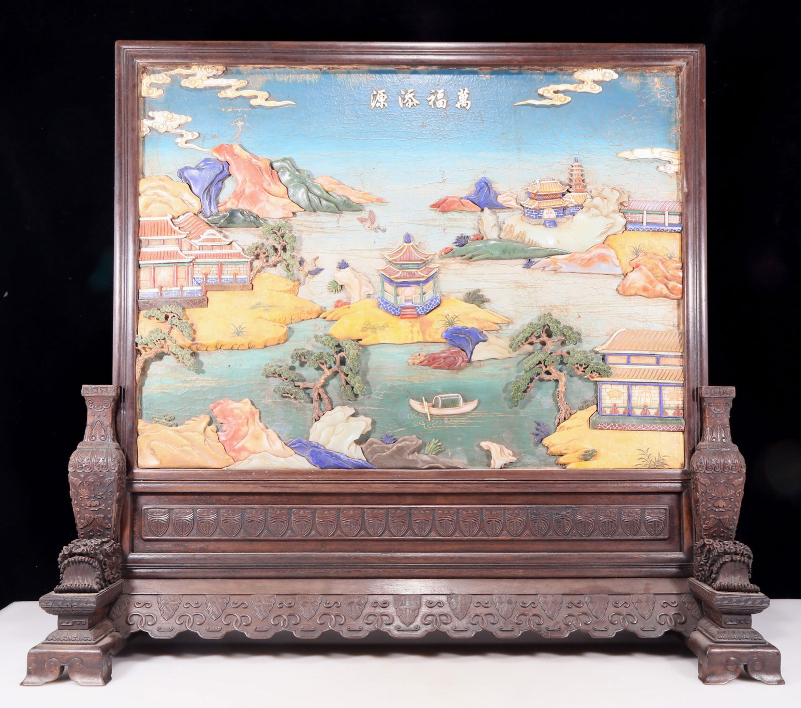 An exquisite zitanwood lacquered, gold-embedded and gem-set courtyard pavilion pattern table screen (1 of 20)
