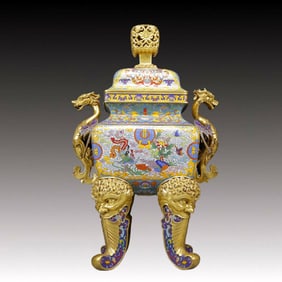 A Huge Cloisonne Flower and Bird Pattern Dragon-Ears and four legs Censer