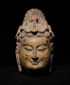 A Solemn Limestone Painted Color Avalokitesvara-Head Ornament