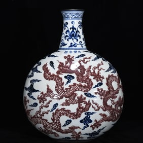 A Huge Blue and White Underglaze-Red Cover with Silver Auspicious Cloud and Dragon Pattern Vase