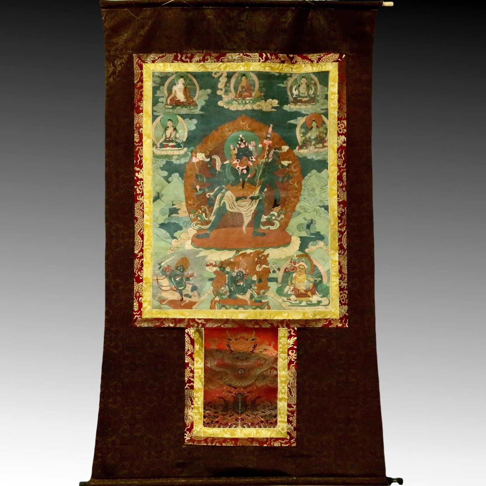 An Exquisite Brocade Painted Color Statue of Vajra Tangka: An Exquisite Brocade Painted Color Statue of Vajra Tangka,Qing Dynasty, China,Size:39inx61.4in 织锦彩绘金刚像唐卡，清代