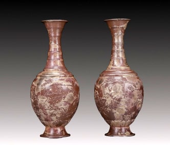 A Pair of Fine Silver Hunting Pattern Vase
