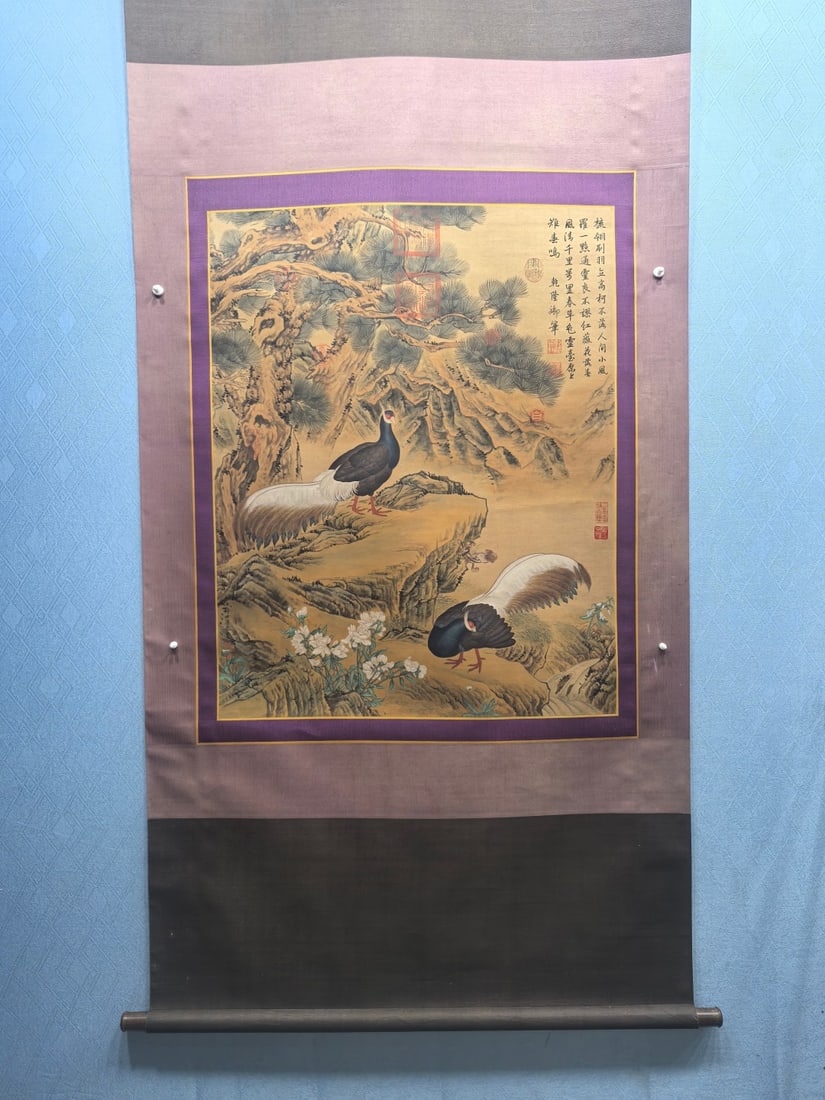 A Chinese Vertical Scroll Ink Painting of Flower and Bird on Silk,Lang Shining: A Chinese Vertical Scroll Ink Painting of Flower and Bird on Silk,Lang Shining,Size:(Royal Court)29.3inx37.2in 一幅中国水墨绢本花鸟画&