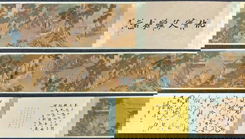 A Chinese Hand Scroll Ink Painting of Character and Story on Silk,Chou Ying