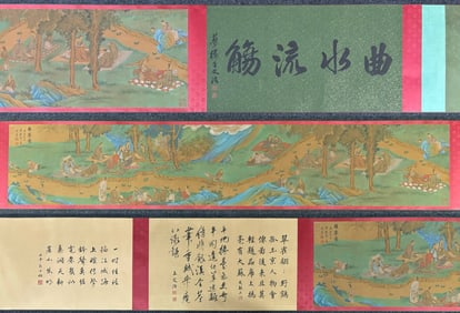 A Chinese Hand Scroll Ink Painting of Landscape and Figure on Silk,Yu Zhiding