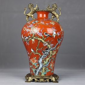 A Huge Coral Red Ground Famille-Rose Inlaid Bronze Flower and Bird Pattern Lion-Ears Vase,With Poem