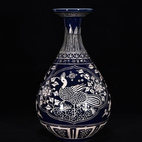 A Rare Ji Blue Glazed Painted Silver Flower and Bird Pattern Vase