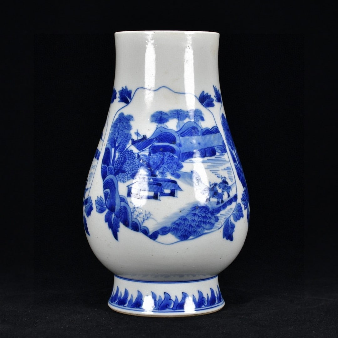 An Exquisite Blue and White Landscape and Figure Pattern Vase: An Exquisite Blue and White Landscape and Figure Pattern Vase,Qing Dynasty, China,Kangxi Six-character Mark,Size:8.7inx5.1in 青花山水人物纹瓶,中&#