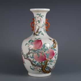 A Rare Famille-Rose Bats and Peach Pattern Double-Ears Vase