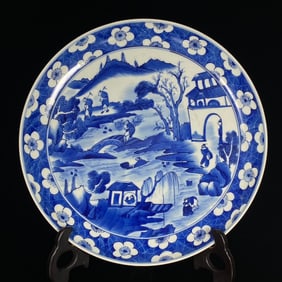 An Exquisite Blue and White Landscape and Figure Pattern Plate