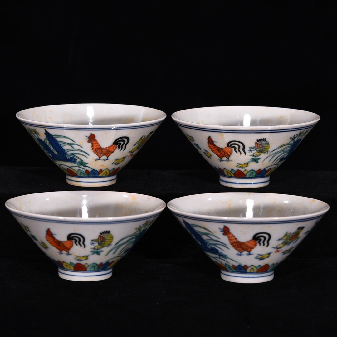 A Set of Fine Doucai Flower and Rooster Pattern Bowls (1 of 9)