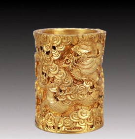 A Rare Gilt Bronze Dragon Pattern Brush Pot