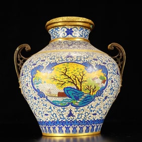 A Rare Cloisonne Landscape Figure Pattern Double-Ears Vase