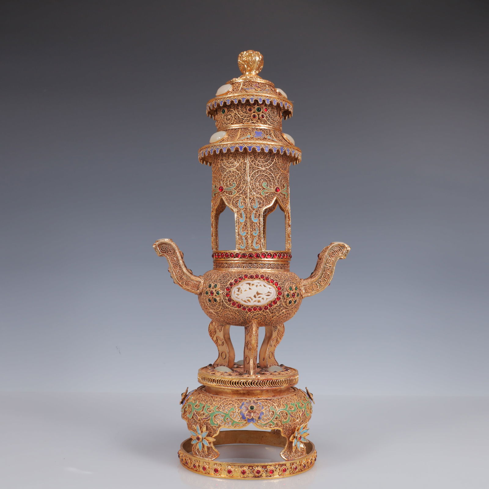 An Exquisite Filigree and Gilding Inlaid White Jade Double-Ears and Tripod Censer,Inlaid Gems: An Exquisite Filigree and Gilding Inlaid White Jade Double-Ears and Tripod Censer,Inlaid Gems,Qing Dynasty, China,Qianlong Four-Character Mark,Size:20cmx13cmx41cm,Weight:1550g 