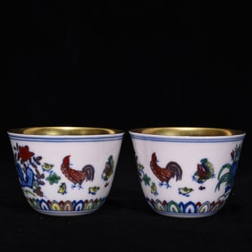 A Pair of Exquisite Doucai Gilding Flower and Rooster Pattern Cups