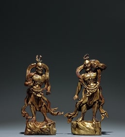 A Pair of Solemn Gilt Bronze Statue of Heavenly King