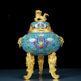 An exquisite cloisonné tangled lotus pattern two-eared tripod censer with lid