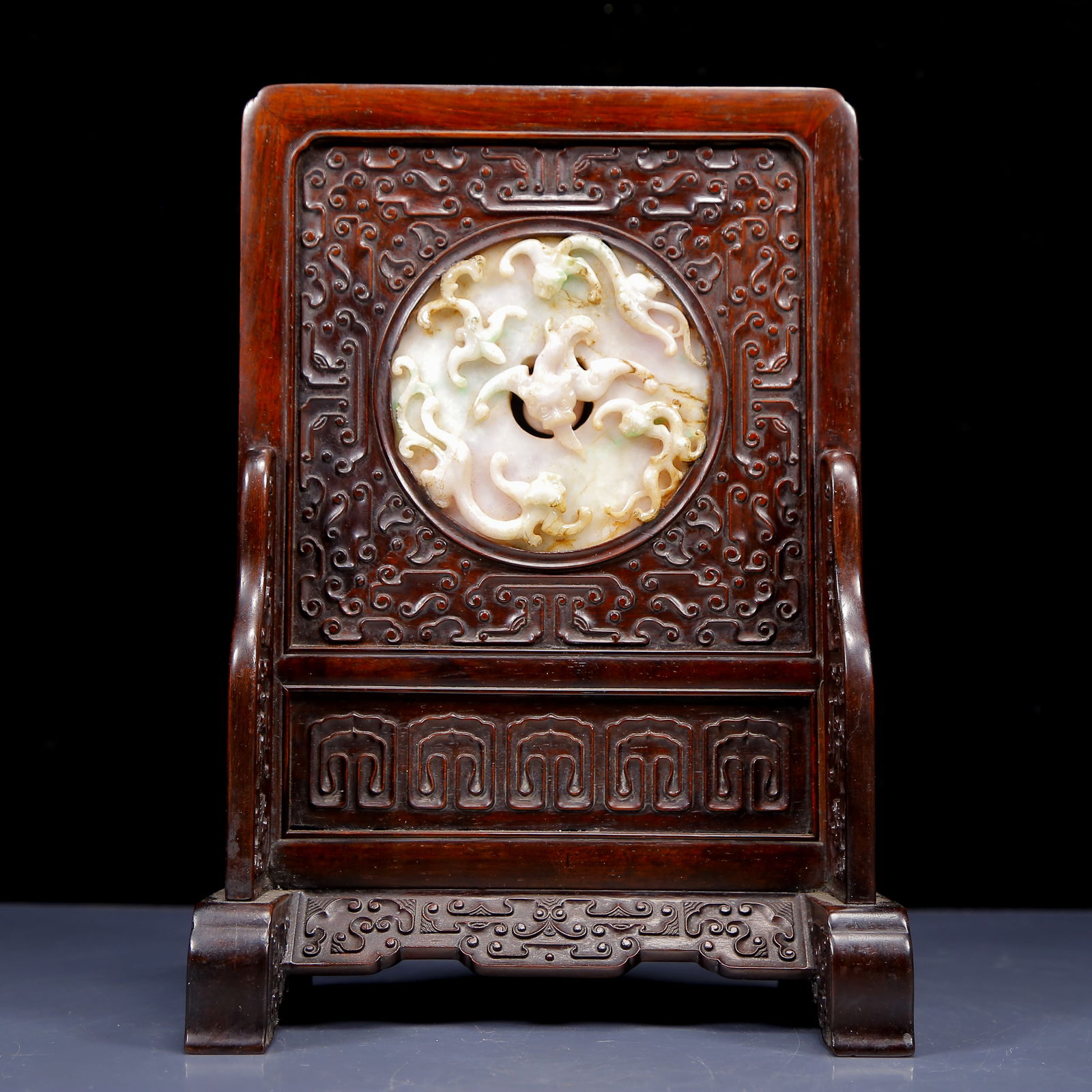An Exquisite Zitanwood Inlaid Gaogu Jade Chi-Dragon Pattern Table Screen (1 of 9)