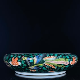 A Rare Black Ground Wucai Dragon and Phoenix Pattern Water Pot