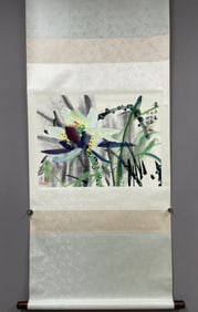 A Chinese Vertical Scroll Ink Painting of Lotus on Paper,Huang Yongyu