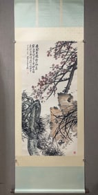 A Chinese Vertical Scroll Ink Painting of Plum Blossom and Orchid on Paper,Wu Changshuo
