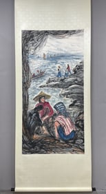 A Chinese Vertical Scroll Ink Painting of Landscape and Figure on Paper,Huang Zhou