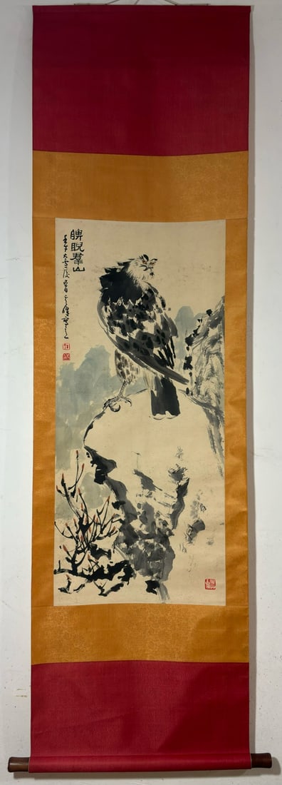 A Chinese Vertical Scroll Ink Painting of Eagle on Paper,Sun Qifeng: A Chinese Vertical Scroll Ink Painting of Eagle on Paper,Sun Qifeng,Size:(Without frame)101cmx45cm 