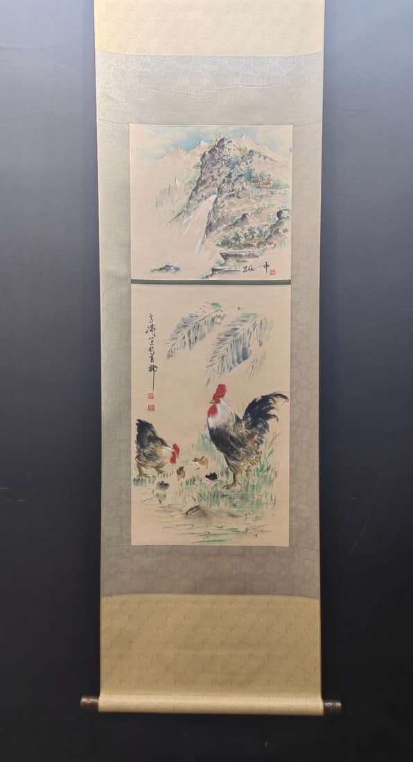 A Chinese Vertical Scroll Ink Painting of Landscape and Rooster on Paper,Wang Xuetao&Wu Guanzhong (1 of 9)