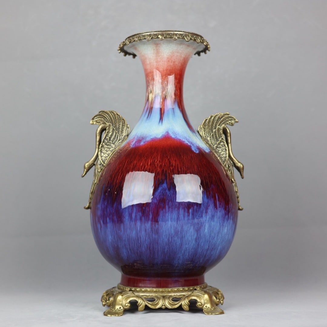 A Huge Flambe Glazed Inlaid Bronze Goose-Ears Vase: A Huge Flambe Glazed Inlaid Bronze Goose-Ears Vase,Qing Dynasty, China,Qianlong Six-character Mark,Size:18.1inx6.3inx9.8inx7.9in 窑变釉镶铜鹅耳瓶,ߑ