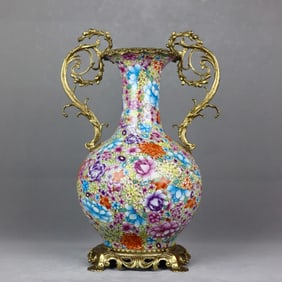 A Huge Famille-Rose Inlaid Bronze Flower Pattern Double-Ears Vase