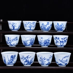 A Set of Fine Blue and White Flower Pattern Cups,With Poem