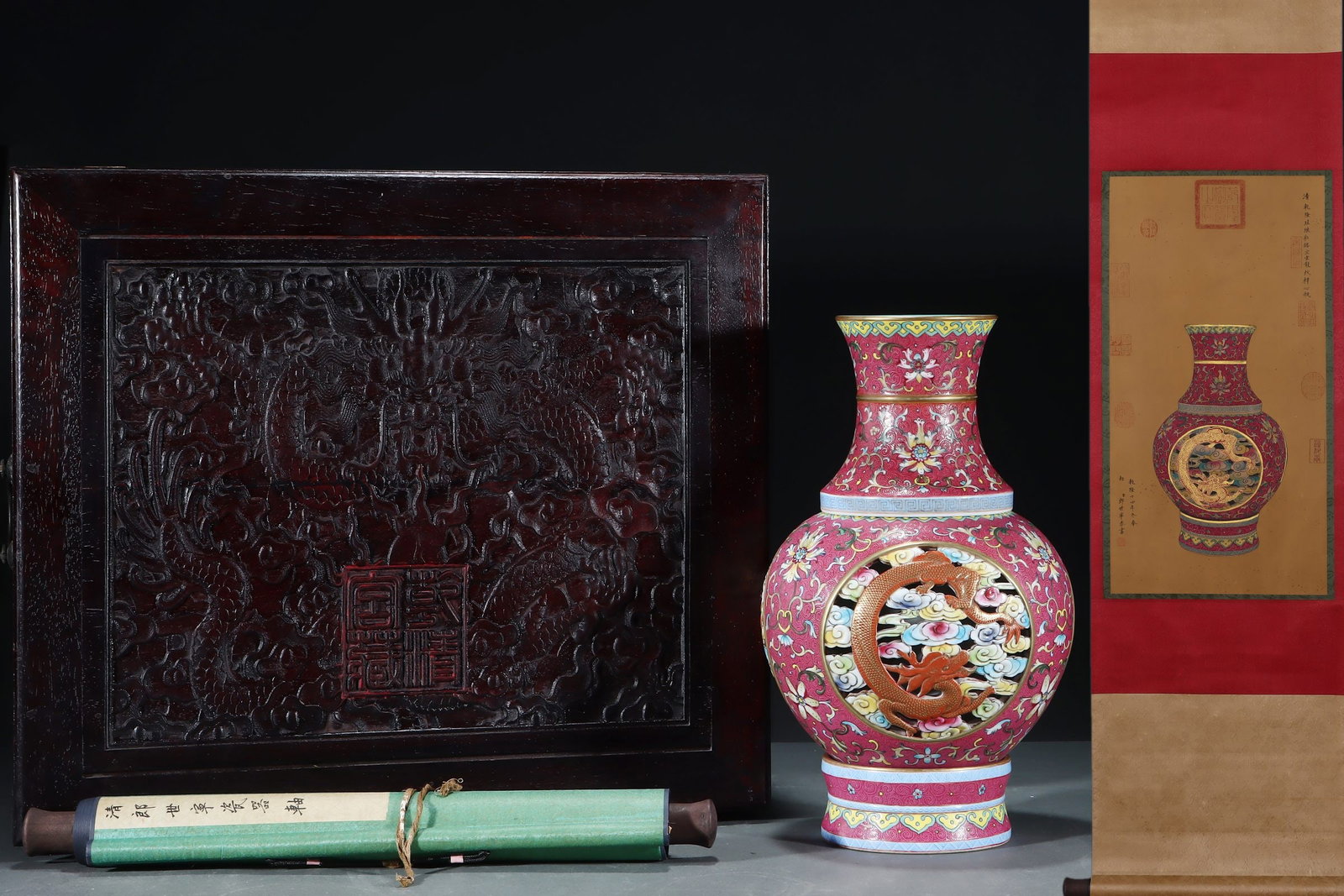 A Rare Enamel Ruby Red-Glazed Painted Gold Hollow Lotus,Auspicious Cloud and Dragon Pattern Vase,Wit (1 of 8)