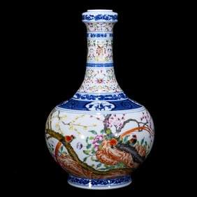 A Rare Blue and White Famille-Rose Flower and Bird Pattern Vase,With Poem
