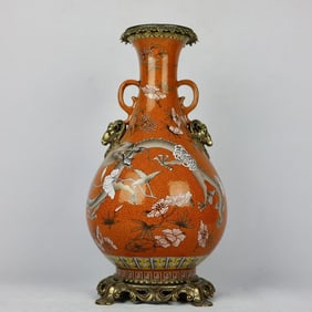 A Huge Coral Red Glazed Famille-Rose Inlaid Bronze Flower and Dragon Pattern Goat-Ears Vase