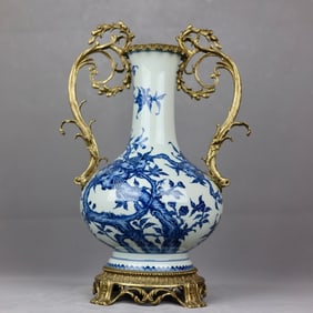 A Huge Blue and White Inlaid Bronze Pomegranate Pattern Double-Ears Vase