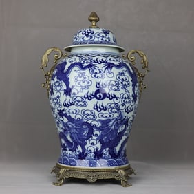 A Huge Blue and White Inlaid Bronze Auspicious Cloud and Dragon Pattern Double-Ears Cover Jar