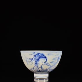 An Exquisite Blue and White Woman Pattern Cup,With Poem