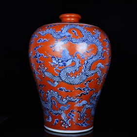 A Huge Red Ground Blue and White Auspicious Cloud and Dragon Pattern Vase