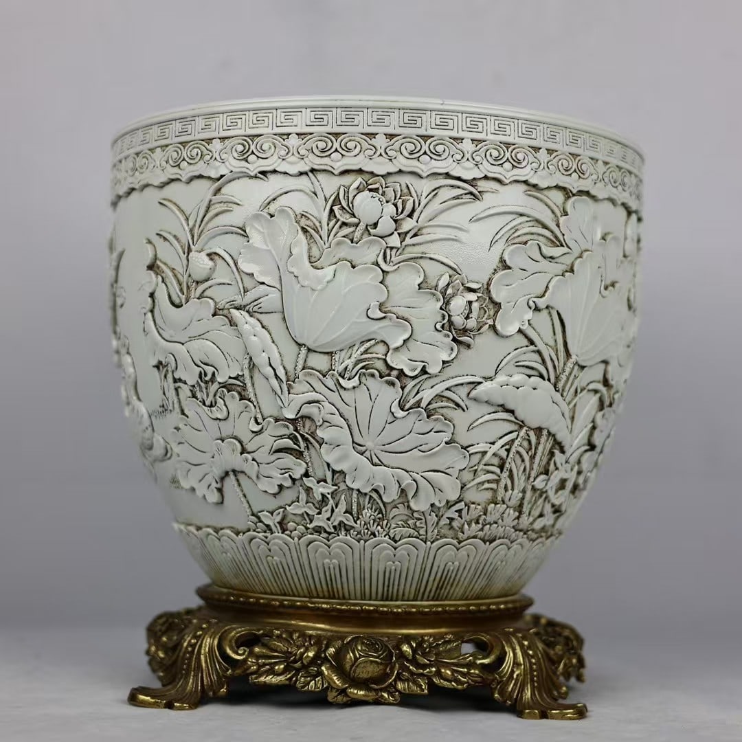 A Rare White Porcelain Inlaid Bronze Flower and Bird Pattern Vat (1 of 9)