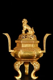 A Rare Gilt Bronze Double-Ears and Tripod Censer