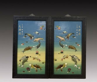 A Pair of Huge Zitanwood Fish Pattern Hanging Panels, Inlaid Gems