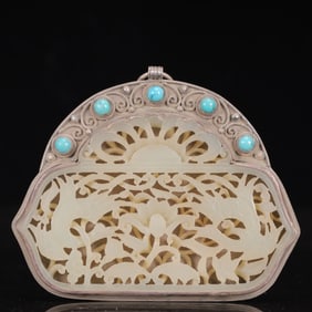 An Exquisite Silver Inlaid White Jade Phoenix Pattern Pendant,Inlaid Turquoise